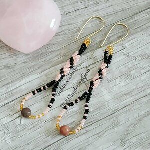Rhodonite Gemstone Spiral Beaded Dangle Earrings, Pink & Black Seed Bead Jewelry